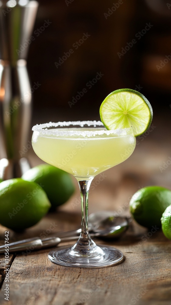 A classic lime margarita in an elegant glass, garnished with salt and a slice of lime on the rim, surrounded by fresh limes and cocktail utensils on a rustic wooden table. A classic lime margarita in an elegant glass, garnished with salt and a slice of lime on the rim, surrounded by fresh limes and cocktail utensils on a rustic wooden table.