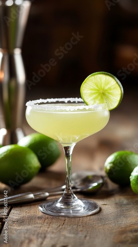 A classic lime margarita in an elegant glass, garnished with salt and a slice of lime on the rim, surrounded by fresh limes and cocktail utensils on a rustic wooden table. 