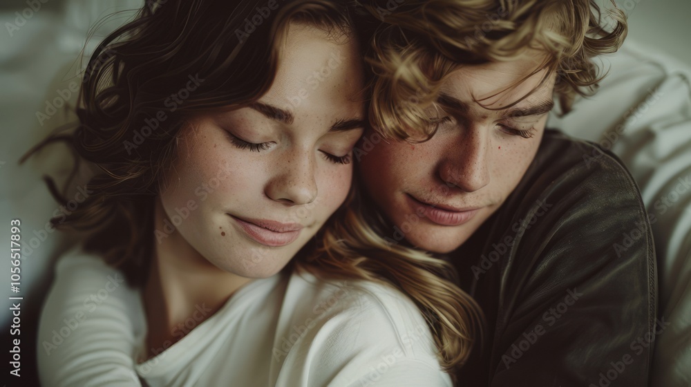 In a close-up portrait illuminated by natural light, a young couple cuddling in bed appears to be full of genuine love and serenity. In a close-up portrait illuminated by natural light, a young couple cuddling in bed appears to be full of genuine love and serenity.