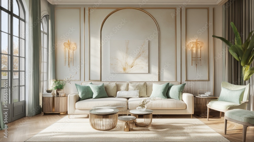 A modern living room featuring a beige sofa, mint green throw pillows, and gold-finished lighting A modern living room featuring a beige sofa, mint green throw pillows, and gold-finished lighting