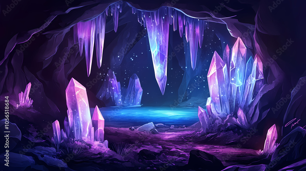 Fototapeta premium Mysterious dark cave with glowing crystals and underground lake fantasy landscape. Cave with Stalactites. Illustration