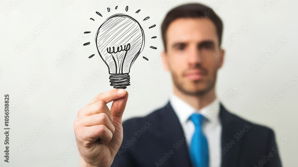A businessman holds a drawn light bulb, symbolizing creativity, innovation, and bright ideas in a professional setting. A businessman holds a drawn light bulb, symbolizing creativity, innovation, and bright ideas in a professional setting.