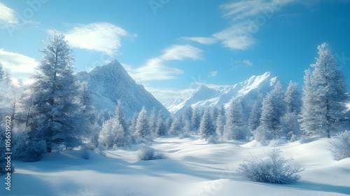 Snowy Mountain Landscape With Frosty Trees - 3D Illustration