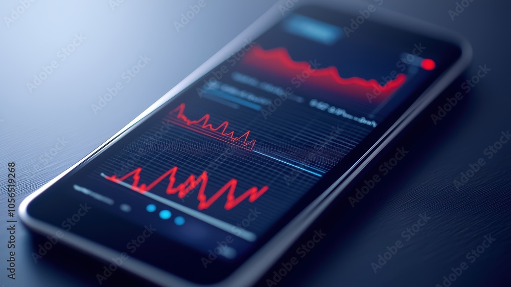 A smartphone displays stock market graphs with down trends, indicating fluctuations in financial data on a sleek interface. A smartphone displays stock market graphs with down trends, indicating fluctuations in financial data on a sleek interface.