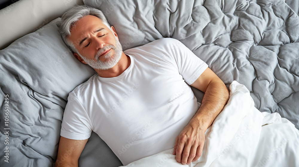 A middle-aged man sleeping in bed, wearing a white short-sleeved shirt and jeans, top view, with gray hair and a silver beard, in soft lighting with warm colors, creating a comfortable atmosphere A middle-aged man sleeping in bed, wearing a white short-sleeved shirt and jeans, top view, with gray hair and a silver beard, in soft lighting with warm colors, creating a comfortable atmosphere