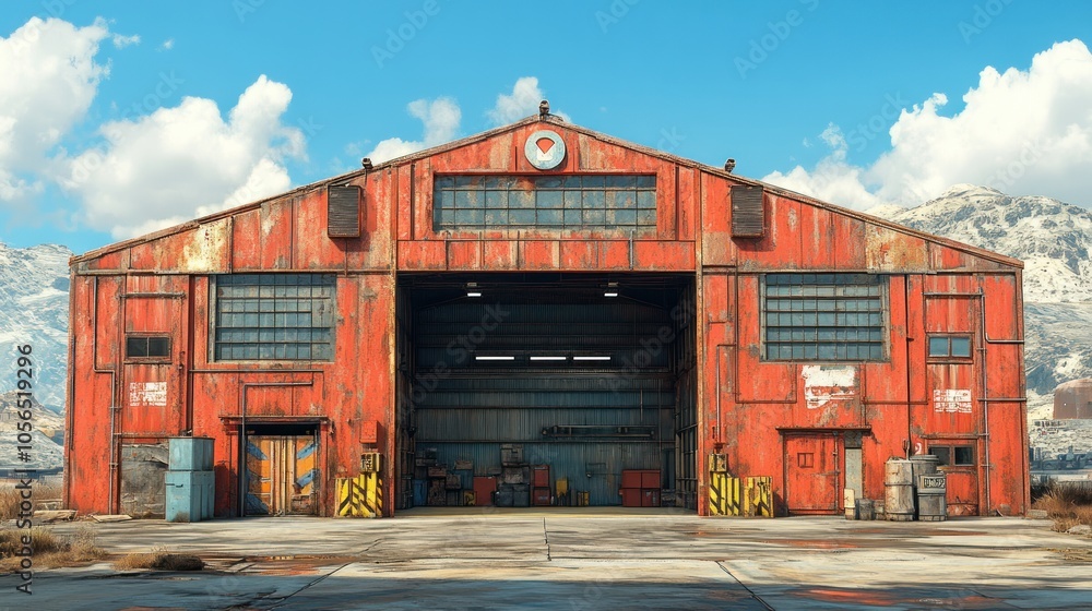 A weathered red hangar with large doors and industrial surroundings. A weathered red hangar with large doors and industrial surroundings.