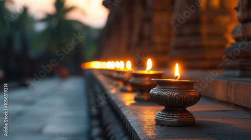 Evening temple scene with glowing candles creating serene atmosphere