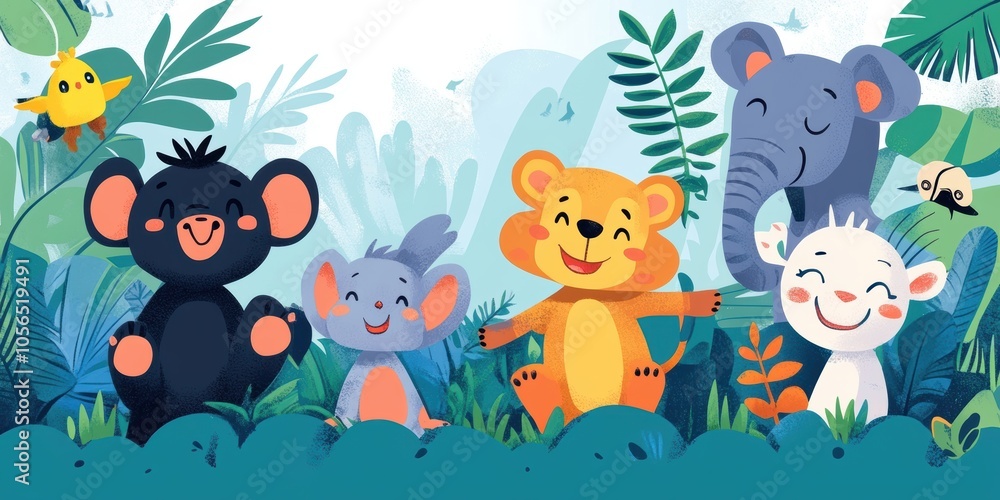 Naklejka premium Five cute animals in a jungle.