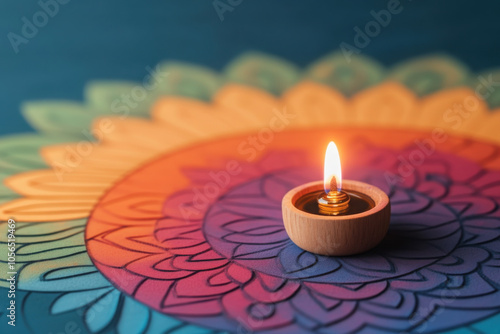 serene candle illuminates vibrant mandala patterns, creating calming atmosphere photo