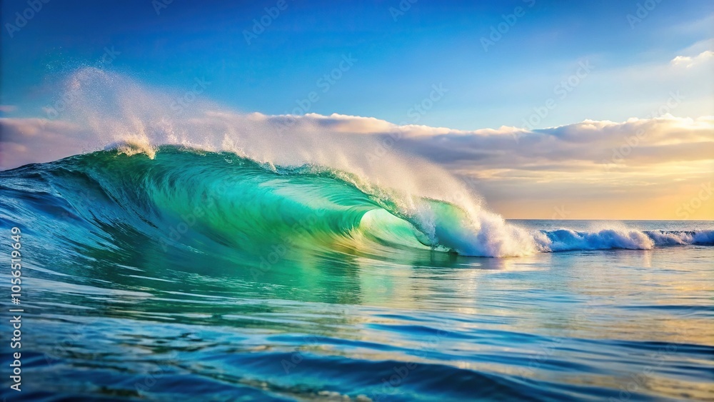 Naklejka premium A serene ocean wave breaks on the shore with a light blue horizon, ocean view, peaceful scene