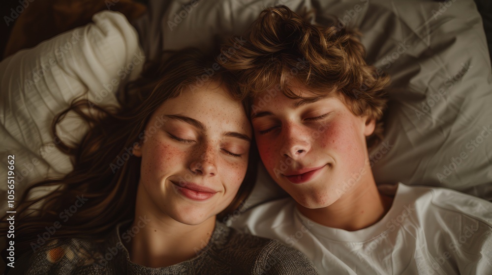 A close-up portrait full of emotion captures a young couple cuddling in bed, illuminated by soft, soothing natural light. A close-up portrait full of emotion captures a young couple cuddling in bed, illuminated by soft, soothing natural light.