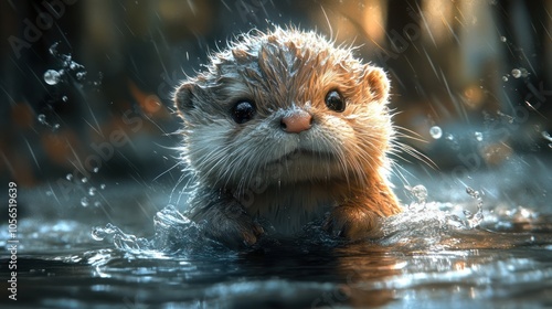 A cute otter pup with big eyes gets caught in a sudden downpour, looking up at the camera with a surprised expression.