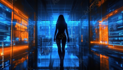 Woman Walking Through a Futuristic Corridor