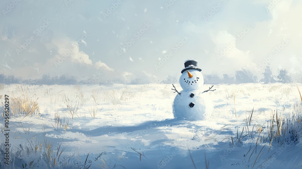 Fototapeta premium Cheerful Snowman in a Vast Snowy Field