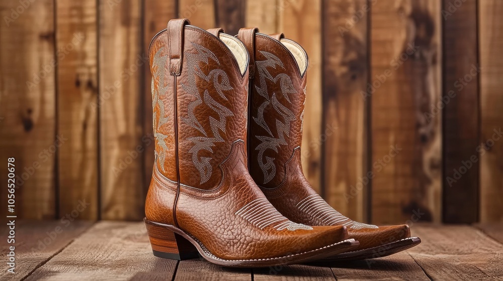 Stylish Cowboy Boots with Classic Patterns on Wooden Background Stylish Cowboy Boots with Classic Patterns on Wooden Background