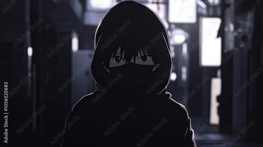 Cool anime boy in a dark hoodie, face partially covered, only his eyes visible, against a dark urban background. Cool anime boy in a dark hoodie, face partially covered, only his eyes visible, against a dark urban background.
