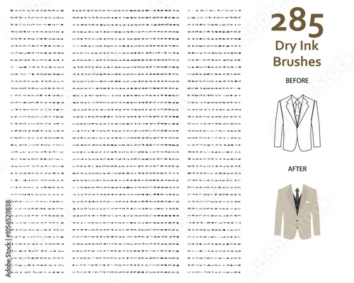 Set of 285 thin dry print ink art brushes with various lengths for stitching, decoration, story book, animation/illustration. Compatible with Adobe Illustrator CS6 and above.