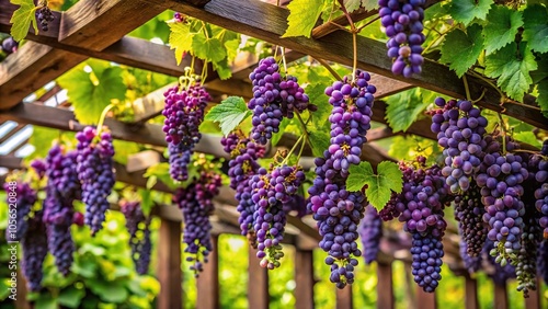 A stunning display of wild grapes growing on a trellis covered in purple flowers and green vines, summer decor, trellis