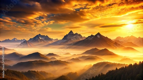 A stylized depiction of a mountain range at sunrise with warm golden hues, gradient effect, sun rising over mountains, earthy color palette, dawn light