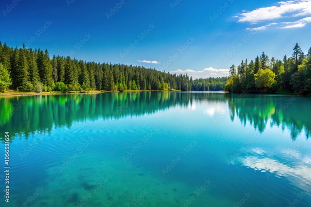 Fototapeta premium A tranquil lake on a still day with a hint of teal in the water, tranquility, reflection, aquatic scene, peaceful atmosphere, water features