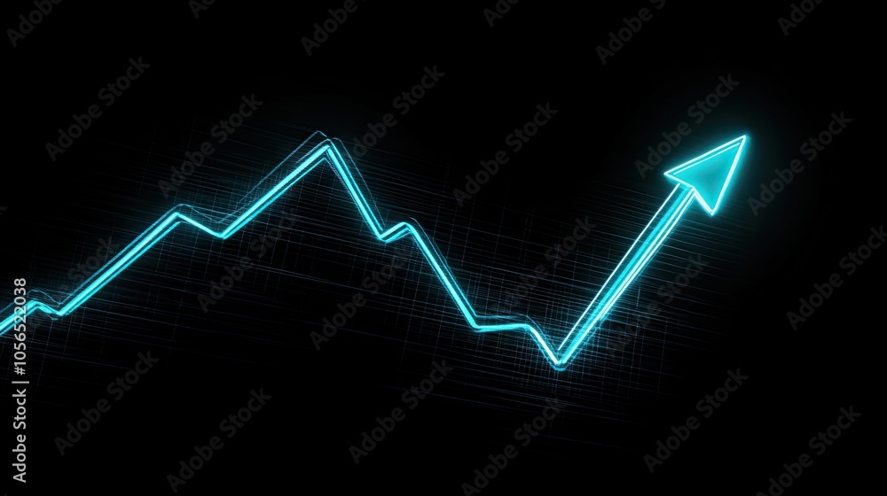 Digital line graph with neon lines rising, symbolizing upward financial growth on a tech backdrop. Digital line graph with neon lines rising, symbolizing upward financial growth on a tech backdrop.