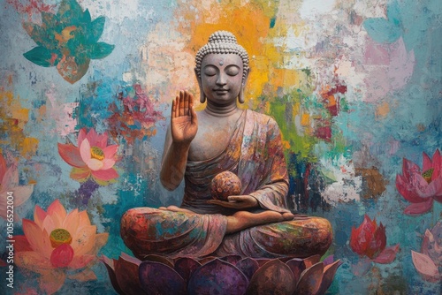 Buddha holding colorful lotus flower, oil painting 