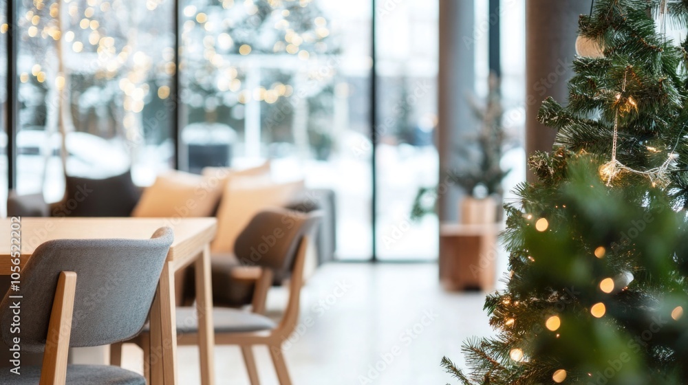 Open office space decorated for Christmas holidays with trees and ornaments, creating warm and festive atmosphere at workplace Open office space decorated for Christmas holidays with trees and ornaments, creating warm and festive atmosphere at workplace