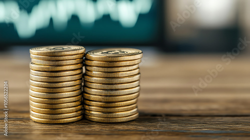 Stacks of golden coins on a wooden surface, symbolizing wealth and investment, with a blurred financial graph in the background.