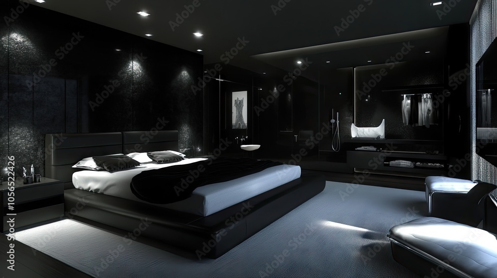 Elegant black bedroom with minimalist furnishings and a luxurious bed, offering ample copy space, perfect for luxury decor themes. Elegant black bedroom with minimalist furnishings and a luxurious bed, offering ample copy space, perfect for luxury decor themes.