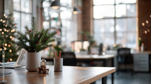 Open office space decorated for Christmas holidays with trees and ornaments, creating warm and festive atmosphere at workplace 