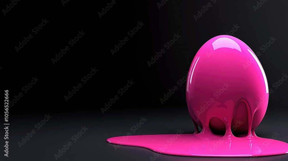 Fototapeta premium A mysterious egg with a glossy surface, oozing neon pink liquid that contrasts sharply against the dark background.