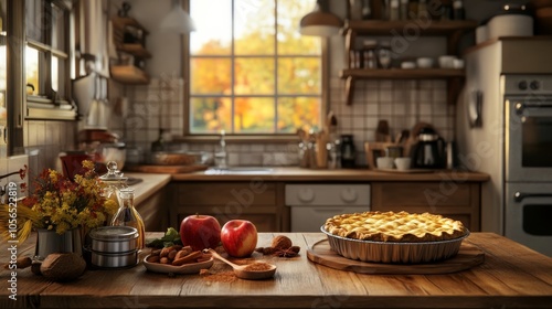 A cozy kitchen scene featuring a freshly baked apple pie, apples, and autumn decor, illuminated by sunlight through a window.