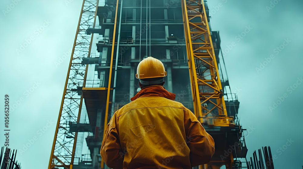 Construction Worker in Yellow Jacket Looking at a Tall Building with a Crane Construction Worker in Yellow Jacket Looking at a Tall Building with a Crane