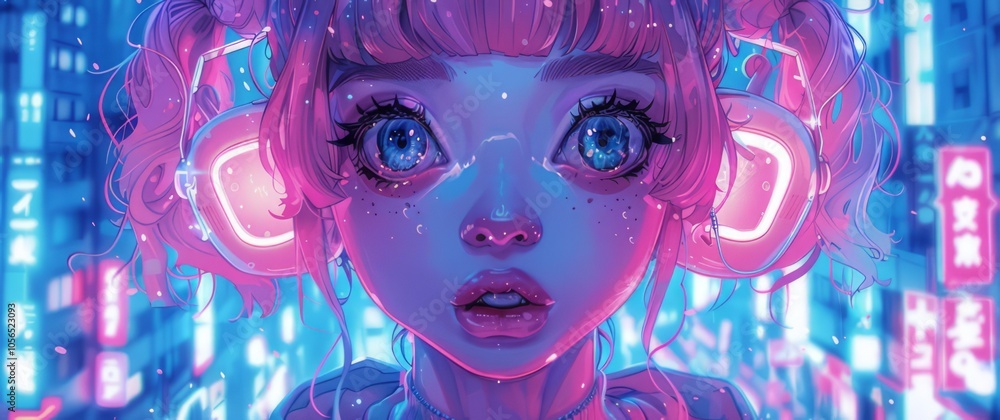Obraz premium Close-up of an anime girl wearing headphones with the perfect combination of blue and pink.