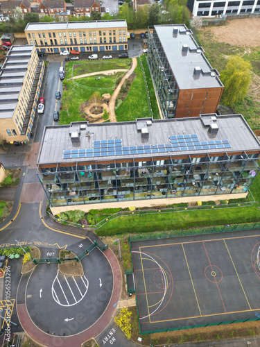 Aerial View of Central City Centre Elstree Uxbridge London City of England, Great Britain. It Was Rainy and Cloudy Day with Strong Winds over England, High Angle Drone's Camera Footage. April 4th, 24 photo