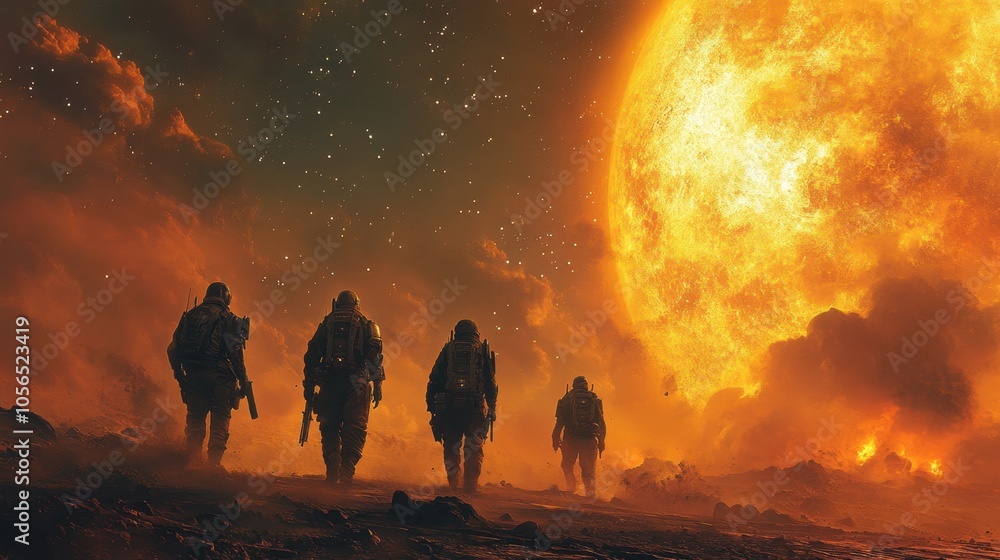 Four explorers trek across a distant planet under a giant sun Four explorers trek across a distant planet under a giant sun