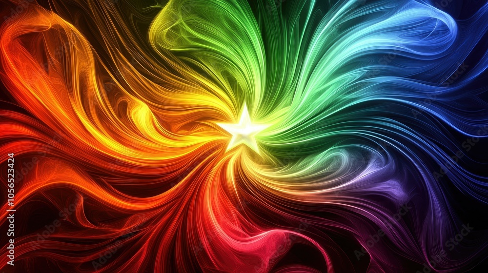 Fototapeta premium A radiant star at the center of swirling, colorful light trails, giving the illusion of movement and energy.