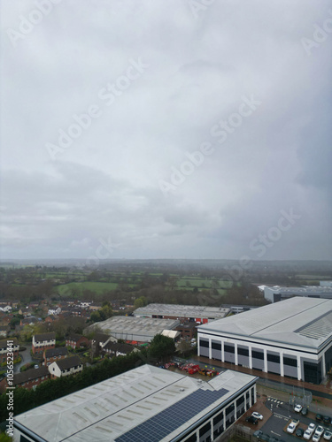 Aerial View of Central City Centre Elstree Uxbridge London City of England, Great Britain. It Was Rainy and Cloudy Day with Strong Winds over England, High Angle Drone's Camera Footage. April 4th, 24 photo