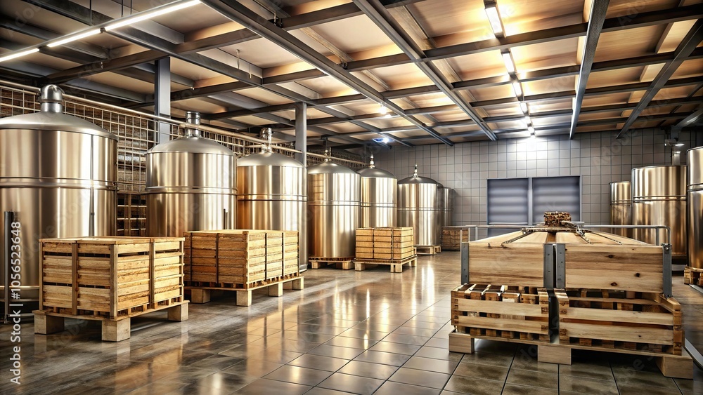 Brewery cellar with wooden crates and fermentation vessels, fermentation vessels, beer aging process Brewery cellar with wooden crates and fermentation vessels, fermentation vessels, beer aging process