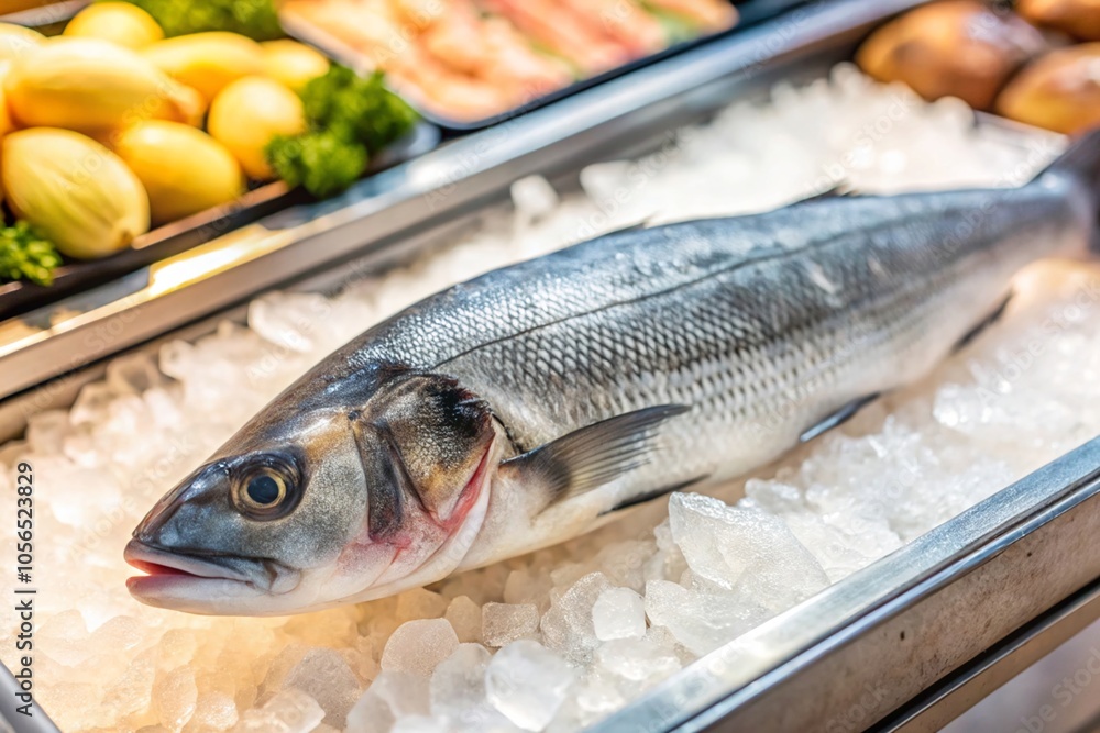 Fresh Seafood Display: Whole Fish on Ice with Vegetables in a Market or Restaurant Setting Fresh Seafood Display: Whole Fish on Ice with Vegetables in a Market or Restaurant Setting