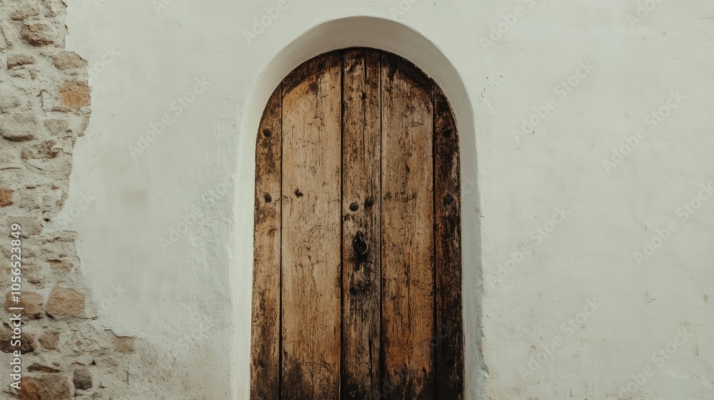 A rustic wooden door with an arched stone frame, set against a white wall, highlighting the beauty of simple, historic architecture. A rustic wooden door with an arched stone frame, set against a white wall, highlighting the beauty of simple, historic architecture.
