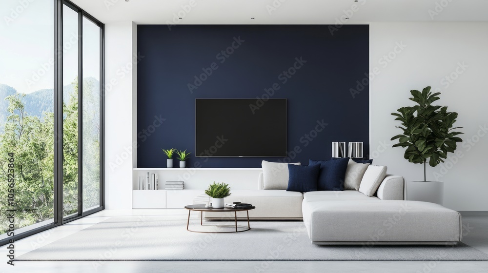 A sleek living room with white walls, a soft gray sofa, and bold navy blue cushions A sleek living room with white walls, a soft gray sofa, and bold navy blue cushions