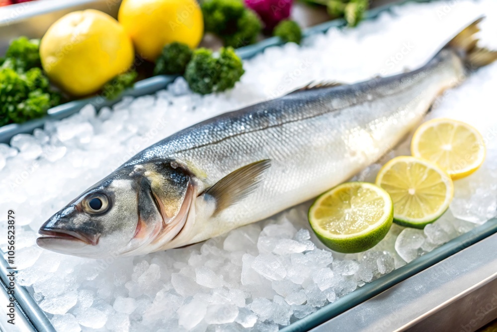 Fresh Fish on Ice with Lemons and Vegetables in a Market Display Setting Fresh Fish on Ice with Lemons and Vegetables in a Market Display Setting