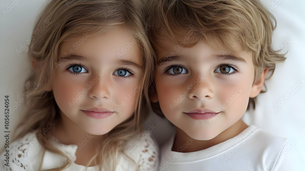 Portrait of Two Young Children with Blonde Hair and White Shirts - Realistic Photo Portrait of Two Young Children with Blonde Hair and White Shirts - Realistic Photo