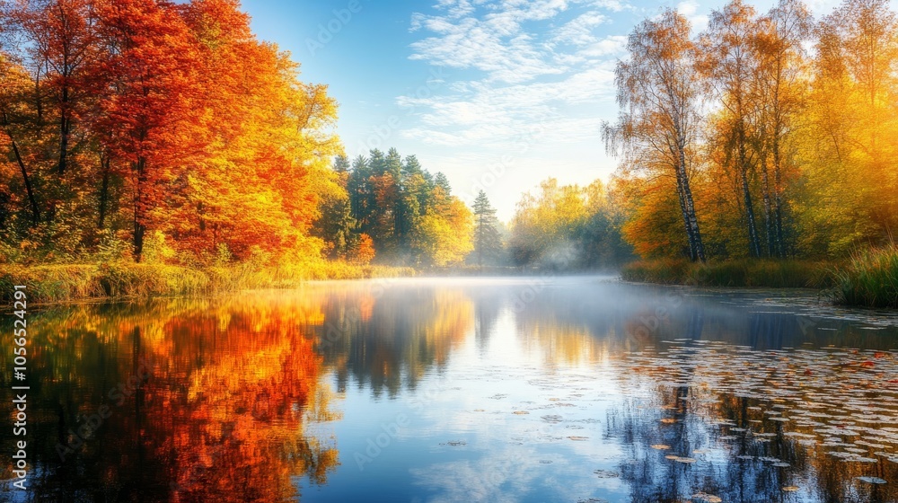 A serene autumn landscape featuring vibrant red and orange foliage reflected on a tranquil lake under a clear blue sky. A serene autumn landscape featuring vibrant red and orange foliage reflected on a tranquil lake under a clear blue sky.