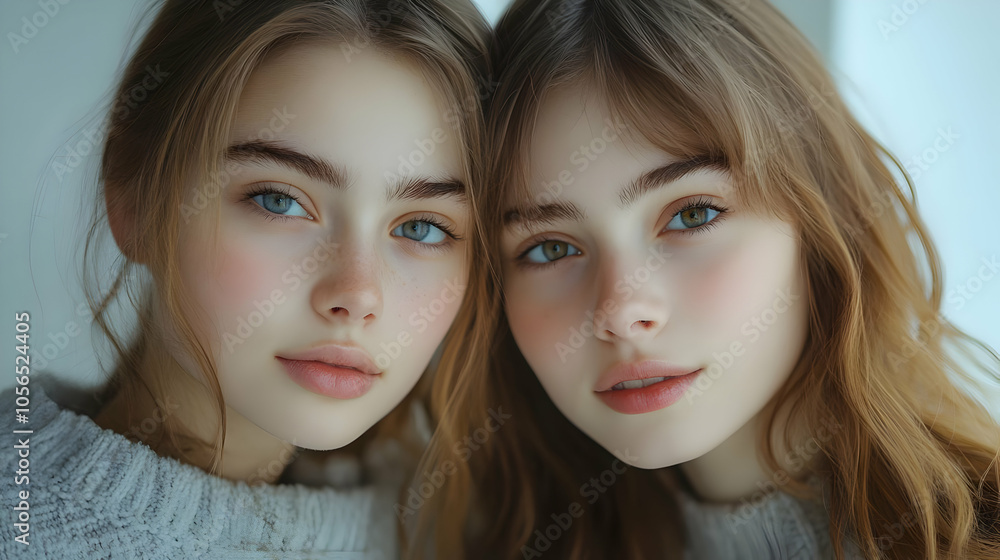 Close-up Portrait of Two Young Women with Blonde Hair and Blue Eyes - Realistic Illustration Close-up Portrait of Two Young Women with Blonde Hair and Blue Eyes - Realistic Illustration