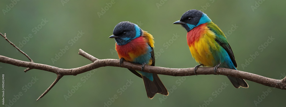 Obraz premium A pair of small, colorful birds sitting closely on a branch, their wings slightly overlapping, symbolizing closeness and companionship.