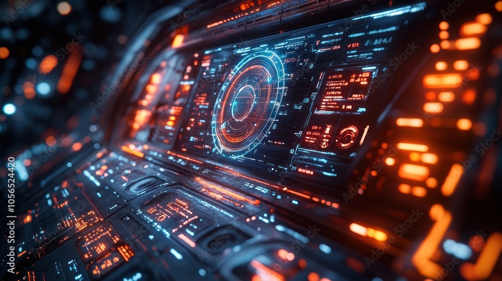 Futuristic control panel with glowing interfaces and data displays. Futuristic control panel with glowing interfaces and data displays.