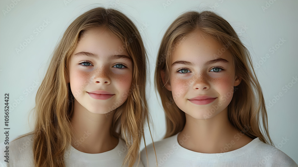 Smiling Twin Girls Portrait - Realistic Illustration Smiling Twin Girls Portrait - Realistic Illustration