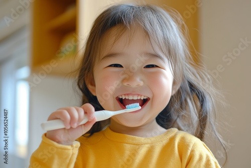 A young child happily brushes her teeth with an electric toothbrush in a bright, cheerful bathroom during morning routine